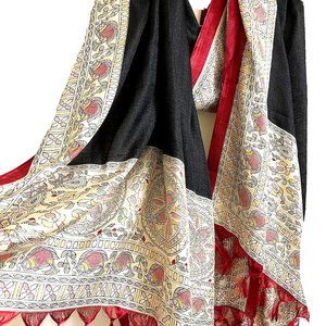 Pure Raw Silk Bird / Floral Extra Large Shawl, Wrap, Scarf / Fringe -Final Price